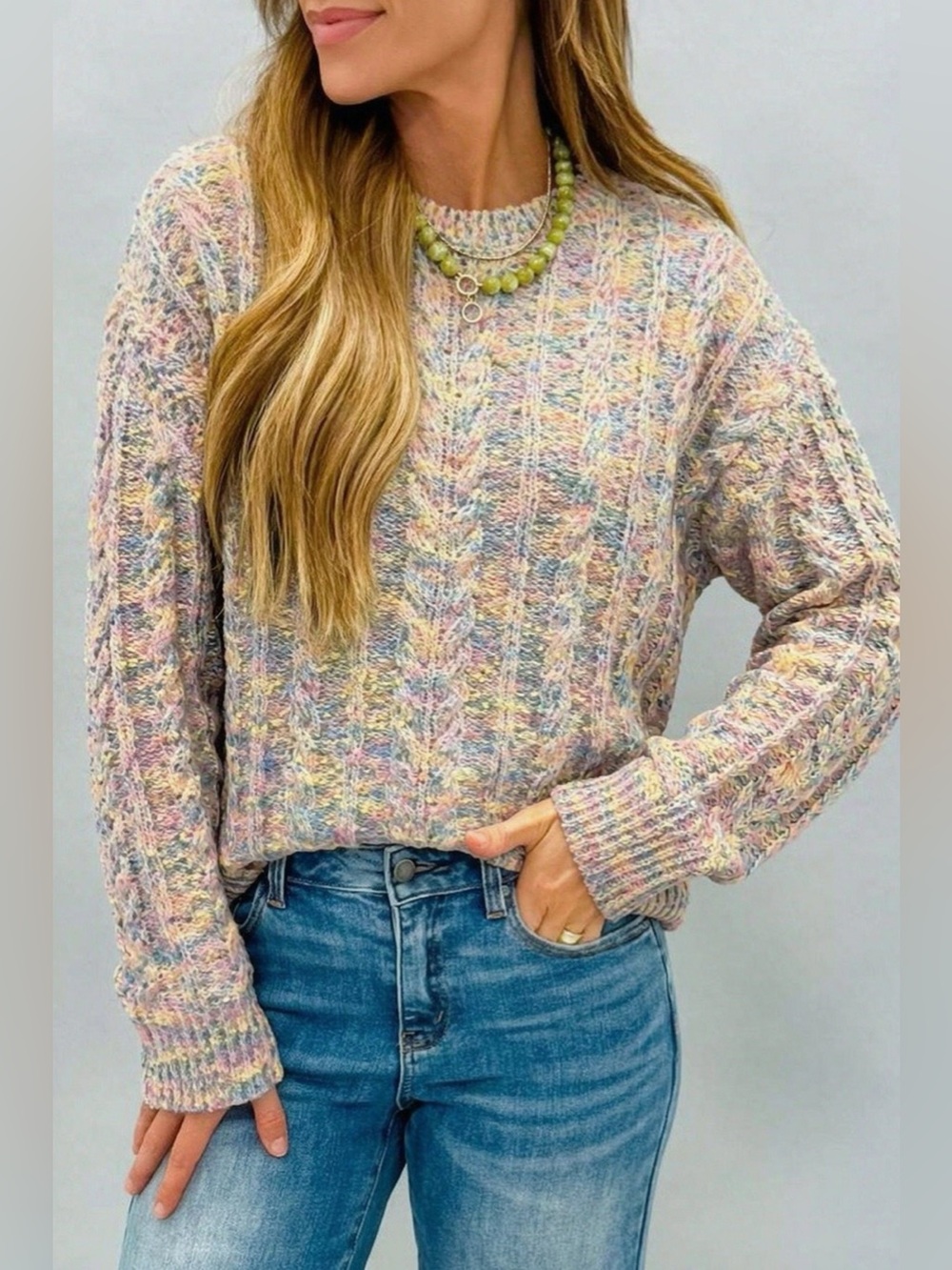 Multicolor Cable Knit Dropped Shoulder Sweater